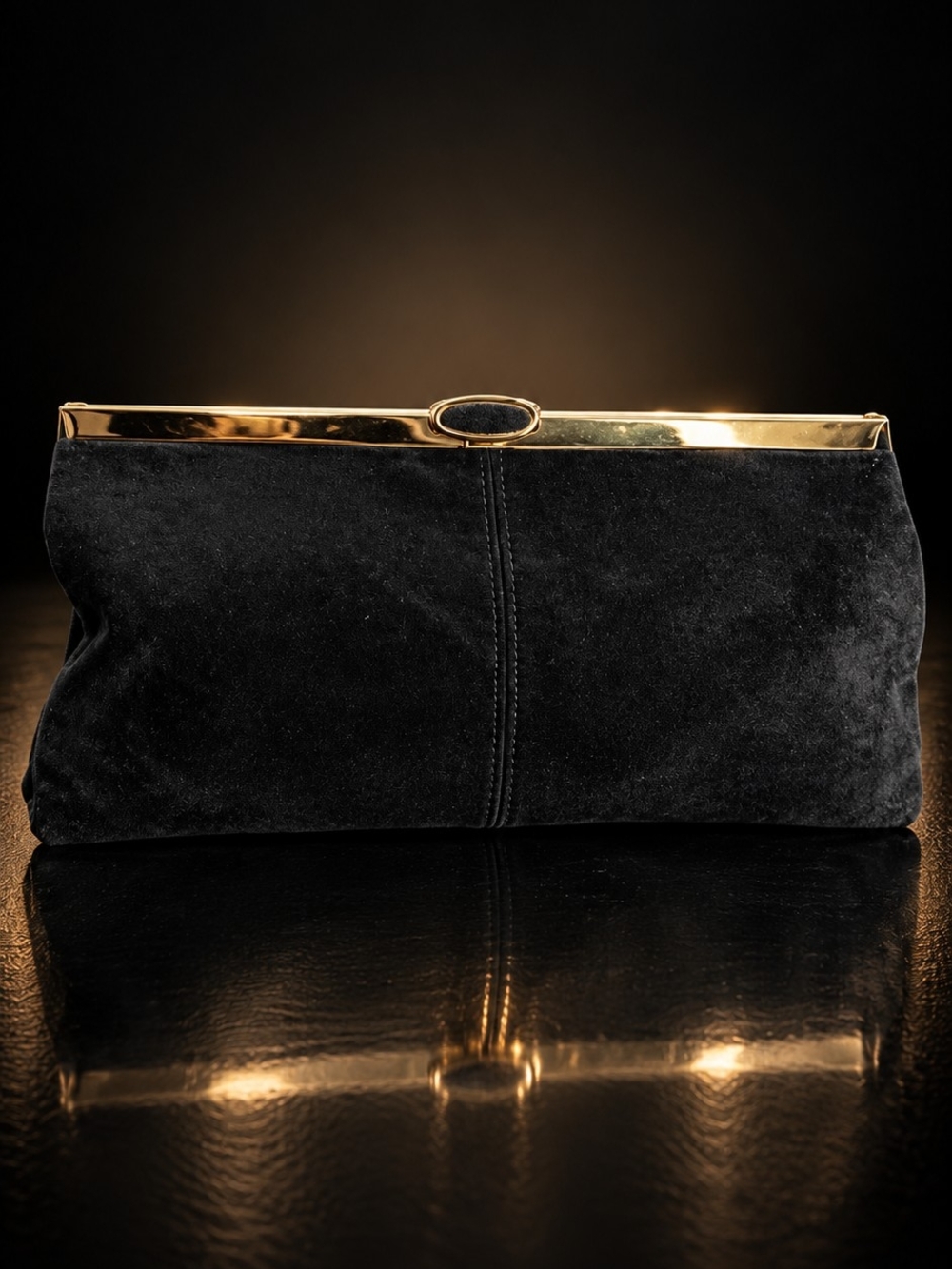 Vintage ETRA Black Suede Genuine Leather Evening Clutch Shoulder Bag Gold Frame